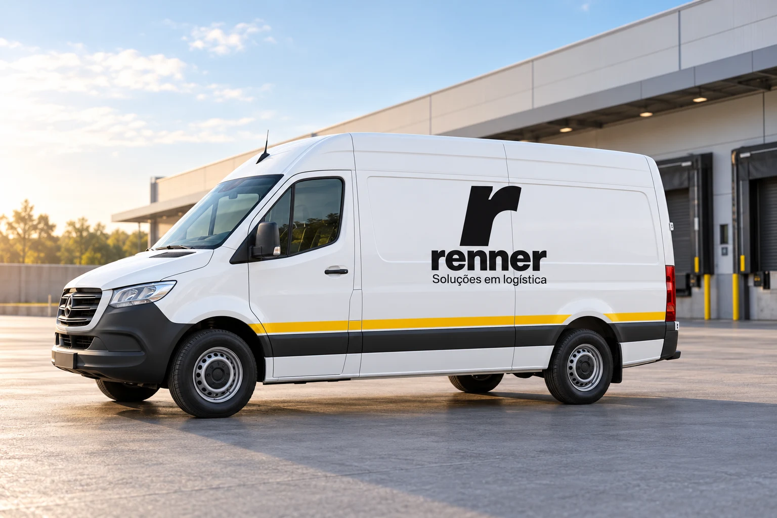Imagem ilustrativa de uma van branca com a logo da Renner e faixa amarela